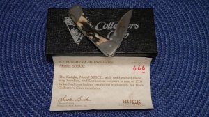 Buck Custom USA 505CC Stag Knight Lockback Knife 1998 Damascus Bolsters Gold Etch Club Knife - NIB