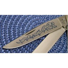 Case XX Stainless USA 3 Dot (1977) Stag 5254 SSP Blue Scroll Trapper Knife Case XX Stainless USA 3 Dot (1977) Stag 5254 SSP Blue Scroll Trapper Knife
