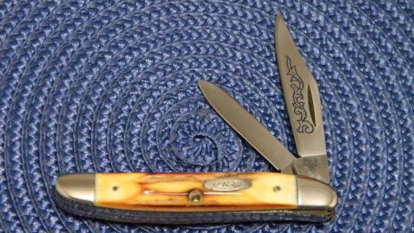 Case XX Stainless USA 3 Dot (1977) Stag 52087 SSP Blue Scroll Stockman Knife Case XX Stainless USA 3 Dot (1977) Stag 52087 SSP Blue Scroll Stockman Knife