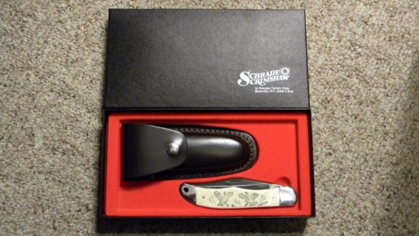 Schrade USA SC508 Scrimshaw Folding Hunter Knife & Pouch c. 1980 - NIB Schrade USA SC508 Scrimshaw Folding Hunter Knife & Pouch c. 1980 - NIB