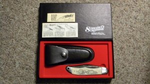 Schrade USA SC508 Scrimshaw Folding Hunter Knife & Pouch c. 1981 - NIB