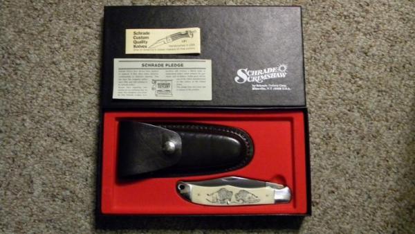 Schrade USA SC500 Scrimshaw Linerlock Folding Hunter Knife & Pouch c. 1978 - NIB Schrade USA SC500 Scrimshaw Linerlock Folding Hunter Knife & Pouch c. 1978 - NIB