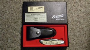 Schrade USA SC500 Scrimshaw Linerlock Folding Hunter Knife & Pouch c. 1982 - NIB
