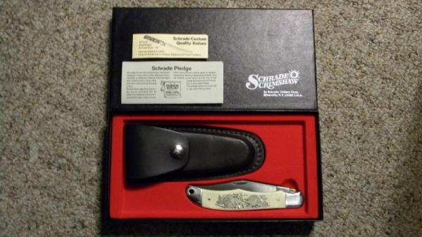 Schrade USA SC500 Scrimshaw Linerlock Folding Hunter Knife & Pouch c. 1983 - NIB Schrade USA SC500 Scrimshaw Linerlock Folding Hunter Knife & Pouch c. 1983 - NIB