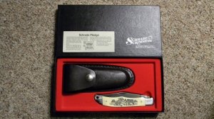 Schrade USA SC500 Scrimshaw Linerlock Folding Hunter Knife & Pouch c. 1984 - NIB