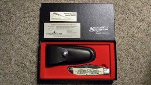 Schrade USA SC500 Scrimshaw Linerlock Folding Hunter Knife & Pouch c. 1985 - NIB