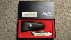 Schrade USA SC500 Scrimshaw Linerlock Folding Hunter Knife & Pouch c. 1986 - NIB