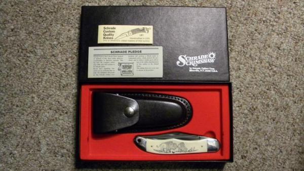 Schrade USA SC508 Scrimshaw Folding Hunter Knife & Pouch c. 1982 - NIB Schrade USA SC508 Scrimshaw Folding Hunter Knife & Pouch c. 1982 - NIB