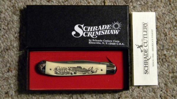Schrade USA SC503 Scrimshaw Linerlock Slimline Trapper Knife c. 1986 - NIB Schrade USA SC503 Scrimshaw Linerlock Slimline Trapper Knife c. 1986 - NIB