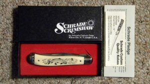 Schrade USA SC503 Scrimshaw Linerlock Slimline Trapper Knife c. 1984 - NIB