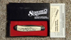 Schrade USA SC503 Scrimshaw Linerlock Slimline Trapper Knife c. 1982 - NIB