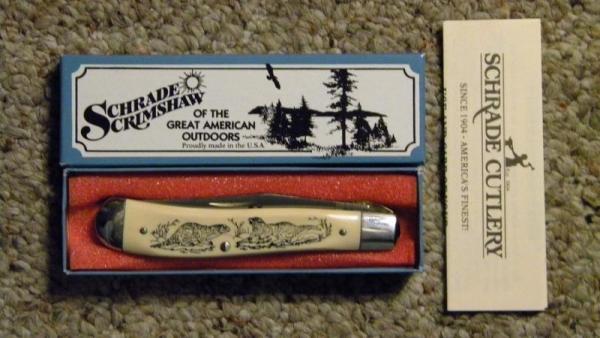 Schrade USA SC503 Scrimshaw Linerlock Slimline Trapper Knife c. 1987 - NIB Schrade USA SC503 Scrimshaw Linerlock Slimline Trapper Knife c. 1987 - NIB