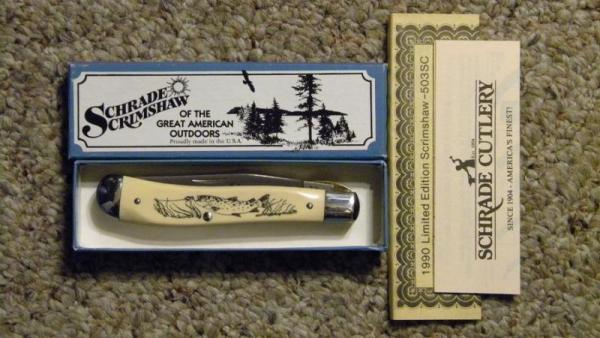 Schrade USA SC503 Scrimshaw Linerlock Slimline Trapper Knife c. 1990 - NIB Schrade USA SC503 Scrimshaw Linerlock Slimline Trapper Knife c. 1990 - NIB