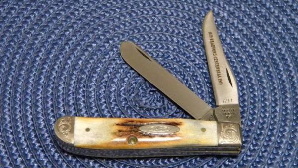 Case XX Stainless USA 1 Dot (1979) Bradford Centennial Stag 5207 SP SSP Scrolled Mini Trapper Knife Case XX Stainless USA 1 Dot (1979) Bradford Centennial Stag 5207 SP SSP Scrolled Mini Trapper Knife