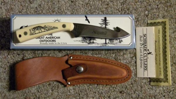 Schrade USA SC518 Scrimshaw Guthook Skinner Fixed Blade Sheath Knife c. 1990 - NIB Schrade USA SC518 Scrimshaw Guthook Skinner Fixed Blade Sheath Knife c. 1990 - NIB