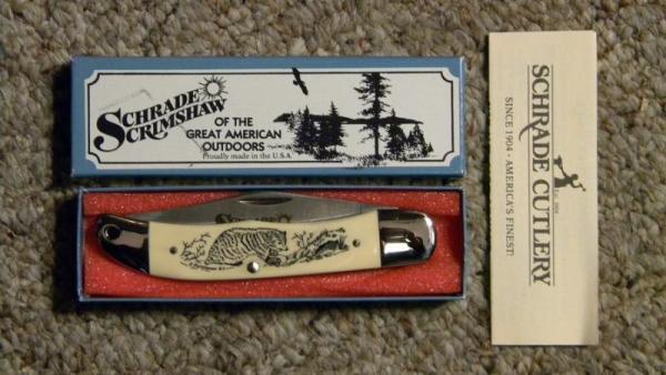 Schrade USA SC524 Scrimshaw Little Folding Hunter Knife c. 1987 - NIB Schrade USA SC524 Scrimshaw Little Folding Hunter Knife c. 1987 - NIB