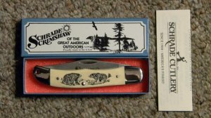 Schrade USA SC524 Scrimshaw Little Folding Hunter Knife c. 1988 - NIB