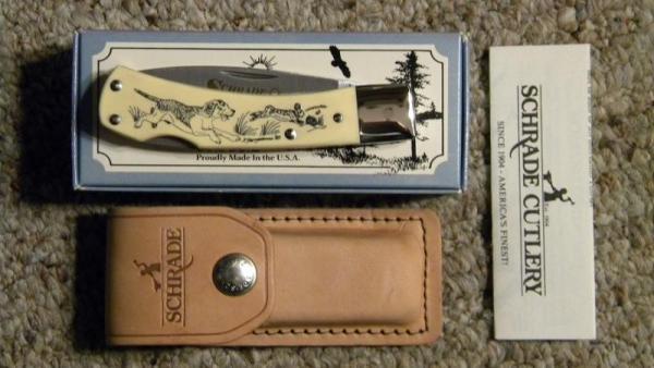 Schrade USA SC515 Scrimshaw Lockback Knife & Pouch c. 1989 - NIB Schrade USA SC515 Scrimshaw Lockback Knife & Pouch c. 1989 - NIB