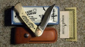 Schrade + USA SC507 Scrimshaw Lockback Knife & Pouch c. 1990 - NIB