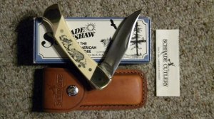 Schrade + USA SC507 Scrimshaw Lockback Knife & Pouch c. 1989 - NIB