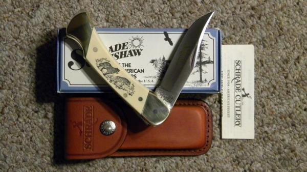 Schrade + USA SC507 Scrimshaw Lockback Knife & Pouch c. 1987 - NIB Schrade + USA SC507 Scrimshaw Lockback Knife & Pouch c. 1987 - NIB