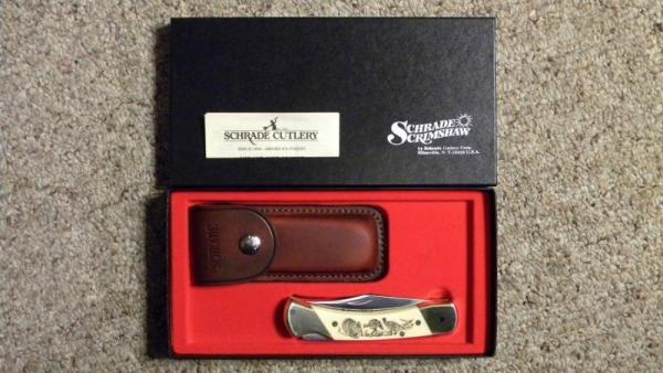 Schrade + USA SC507 Scrimshaw Lockback Knife & Pouch c. 1986 - NIB Schrade + USA SC507 Scrimshaw Lockback Knife & Pouch c. 1986 - NIB