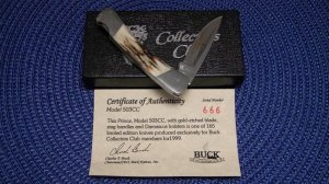 Buck Custom USA 503CC Stag Prince Lockback Knife 1999 Damascus Bolsters Gold Etch Club Knife - NIB