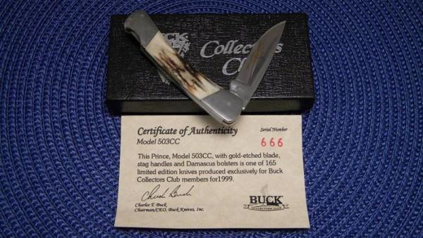 Buck Custom USA 503CC Stag Prince Lockback Knife 1999 Damascus Bolsters Gold Etch Club Knife - NIB Buck Custom USA 503CC Stag Prince Lockback Knife 1999 Damascus Bolsters Gold Etch Club Knife - NIB