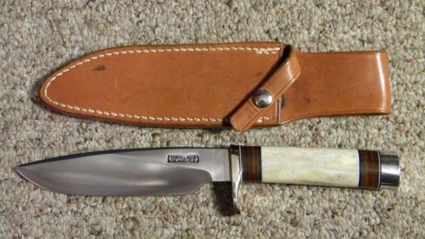 Randall #25-6 Scrimshawed Polished Stag Fixed Blade Sheath Knife Rough Back Johnson Sheath Randall #25-6 Scrimshawed Polished Stag Fixed Blade Sheath Knife Rough Back Johnson Sheath
