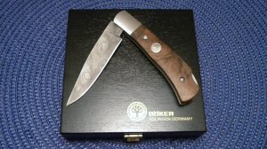 Boker Solingen Germany Walnut 140th Anniversary Special Edition Damascus Lockback Knife - NIB
