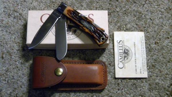 Camillus NY USA Imitation Stag # 716 Dual Lockback Knife & Leather Pouch - NIB Camillus NY USA Imitation Stag # 716 Dual Lockback Knife & Leather Pouch - NIB