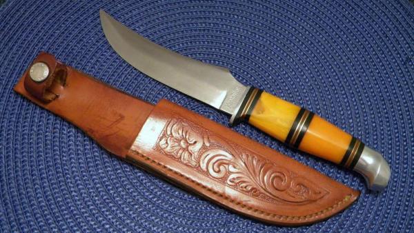 Kinfolks USA Y350 Yellow Marbelette w/Red Trim Fixed Blade Sheath Knife