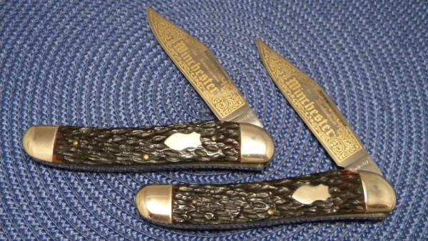 Winchester Germany Bone Knife Set The Kentuckian & The Tennessean Folding Hunter Knives c.1970's Winchester Germany Bone Knife Set The Kentuckian & The Tennessean Folding Hunter Knives c.1970's