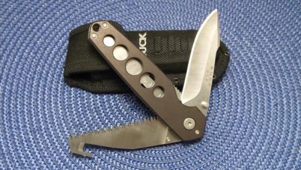 Buck USA Gun Metal Gray Anodized Aluminum Alpha Crosslock Double Linerlock Knife & Pouch