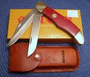Case XX USA 2005 Red Micarta 10265 SS Ruger Folding Hunter Knife & Pouch - NIB
