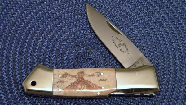 Frost Cutlery Excelsior Grade 1980 Surgical Steel Japan Scrimshawed Bone Lockback Knife Frost Cutlery Excelsior Grade 1980 Surgical Steel Japan Scrimshawed Bone Lockback Knife