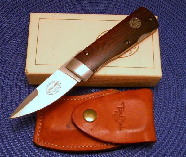 Bench Mark Knives USA Coco Bolo Wood Rolox System Slide Open Knife & Pouch in Box c.1992 Bench Mark Knives USA Coco Bolo Wood Rolox System Slide Open Knife & Pouch in Box c.1992