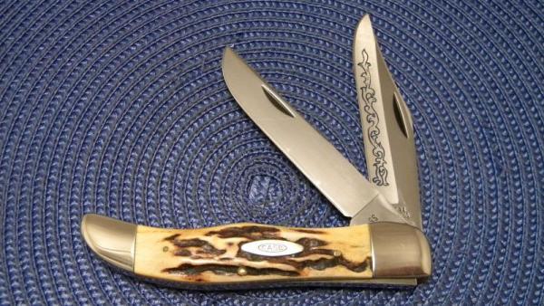 Case XX Stainless USA 3 Dot (1977) Stag 5265 SAB SSP Blue Scroll Folding Hunter Knife Case XX Stainless USA 3 Dot (1977) Stag 5265 SAB SSP Blue Scroll Folding Hunter Knife