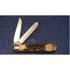 Case XX Stainless USA 3 Dot (1977) Stag 5254 SSP Blue Scroll Trapper Knife Case XX Stainless USA 3 Dot (1977) Stag 5254 SSP Blue Scroll Trapper Knife