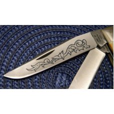 Case XX Stainless USA 3 Dot (1977) Stag 5254 SSP Blue Scroll Trapper Knife Case XX Stainless USA 3 Dot (1977) Stag 5254 SSP Blue Scroll Trapper Knife