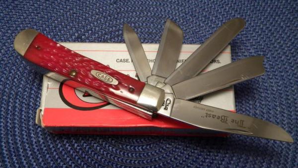 Case XX USA 5 Dot (1995) Dark Red Bone DR6554 SS The Beast 5 Blade Trapper Knife - NIB Case XX USA 5 Dot (1995) Dark Red Bone DR6554 SS The Beast 5 Blade Trapper Knife - NIB