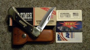 Schrade + USA 7OT Delrin Cave Bear Lockback Knife & Pouch in Box
