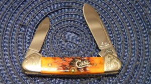 Case XX USA 2002 Burnt Orange Bone 62162 SS Scrolled Bolsters Baby Butterbean Canoe Knife 