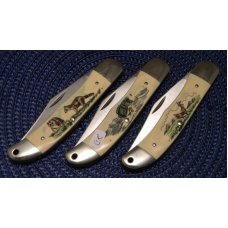 Schrade + USA SC524 Color Scrimshawed Small Folding Hunter 3 Knife Set Schrade + USA SC524 Color Scrimshawed Small Folding Hunter 3 Knife Set