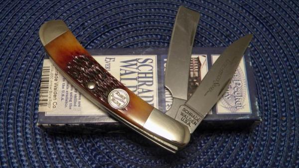 Schrade Walden USA (Taylor Cutlery) Amber Bone SWAJB50 Everlastingly Sharp Razor Trapper Knife - NIB Schrade Walden USA (Taylor Cutlery) Amber Bone SWAJB50 Everlastingly Sharp Razor Trapper Knife - NIB