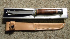 Ka-Bar Cleveland Ohio 1226 Stainless Japan Stacked Leather Fixed Blade Sheath Knife in Box