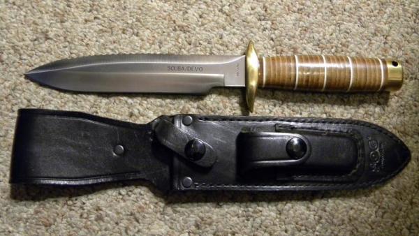 Sog Seki Japan Scuba/Demo Stacked Leather Fixed Blade Sheath Knife AUS-8A Steel c.2001-2008 Sog Seki Japan Scuba/Demo Stacked Leather Fixed Blade Sheath Knife AUS-8A Steel c.2001-2008