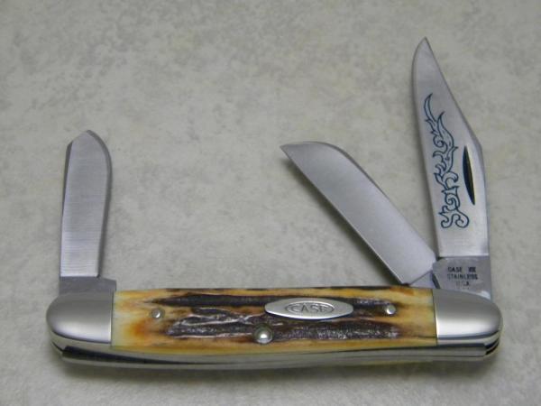 Case XX Stainless USA 3 Dot (1977) Stag 5347 HP SSP Blue Scroll Stockman Knife Case XX Stainless USA 3 Dot (1977) Stag 5347 HP SSP Blue Scroll Stockman Knife
