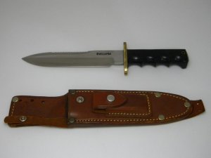 Randall Model 14 Finger Grooved Micarta Attack Saw Teeth Fixed Blade Knife with Byrds Riveted Sheath