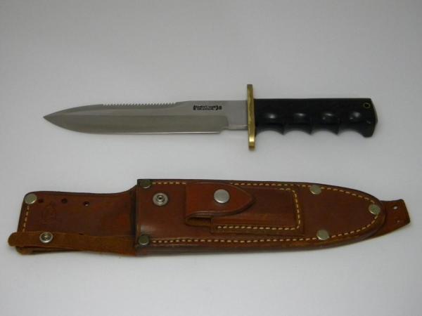 Randall Model 14 Finger Grooved Micarta Attack Saw Teeth Fixed Blade Knife with Byrds Riveted Sheath